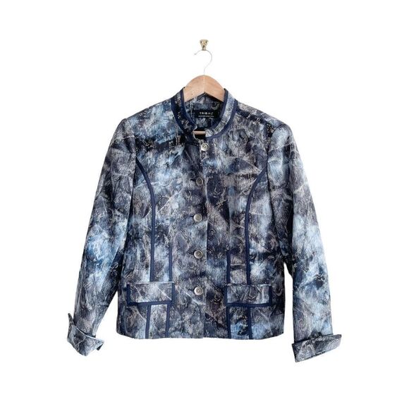 Tribal Jacket Mandarin Collar Black Blue Button Up Women's 10 Career Blazer - Picture 1 of 9